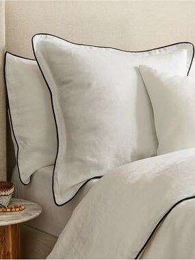 New Quince European Linen Euro Sham 26”x26” White and Black piping
